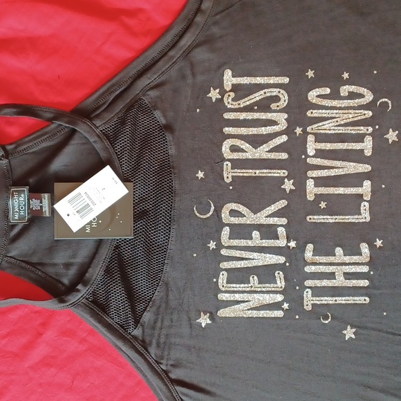 MIDNIGHT HOUR Tops - NWT Hot topic 2x black with silver "NEVER TRUST THE LIVING" on front mesh neck